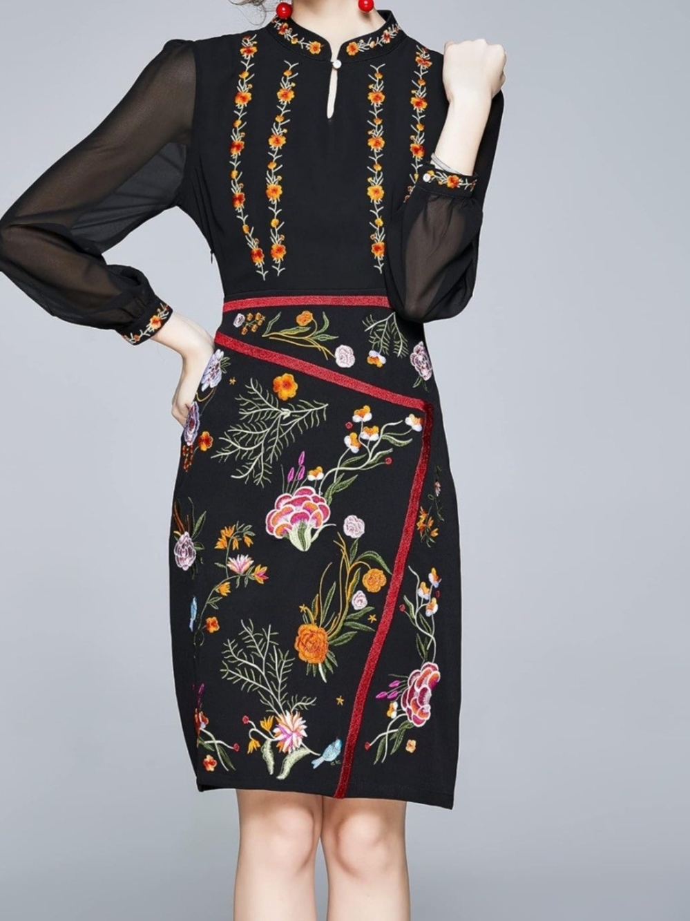 Lai Meng Five Cats Embroidered Black Floral Sheath Dress